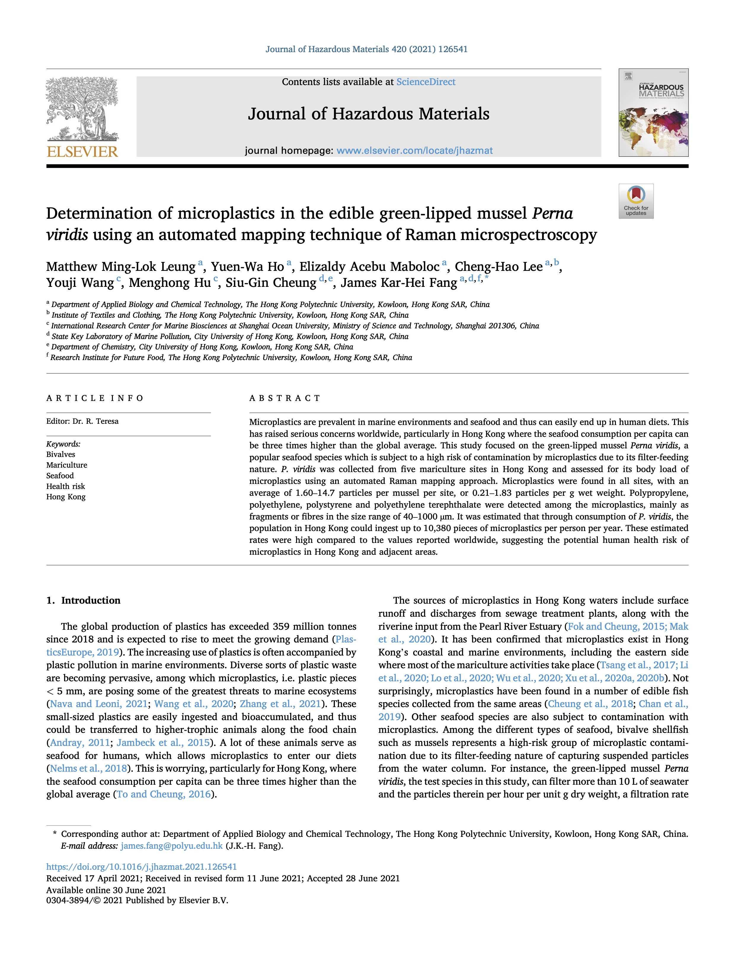 Leung et al. 2021 – Determination of microplastics in Perna viridis